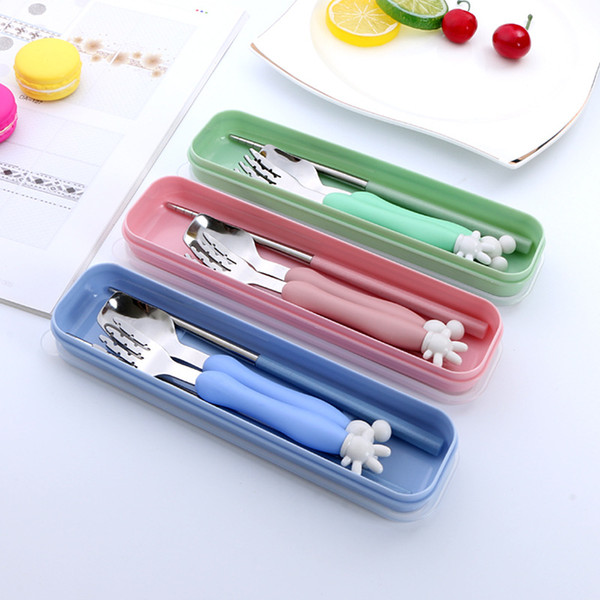 Colorful stainless steel cartoon baby tableware Creative portable spoon fork chopsticks three-piece plastic shell gift cutlery set