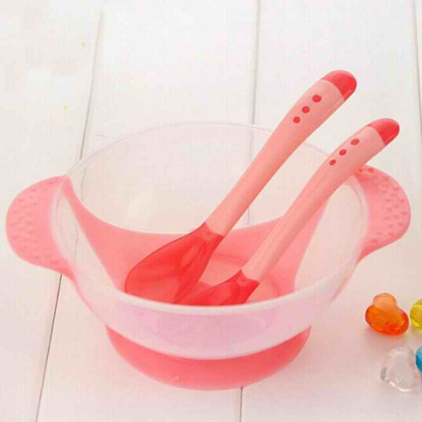 Baby Learnning Dishes With Suction Cup Assist food Bowl Temperature Sensing Spoon Drop Baby Spoon Bowl Set Baby Tableware