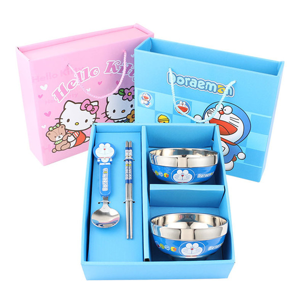 Cartoon bowl set of children's dishes, stainless steel tableware, four-piece gift box, anti-perm suit