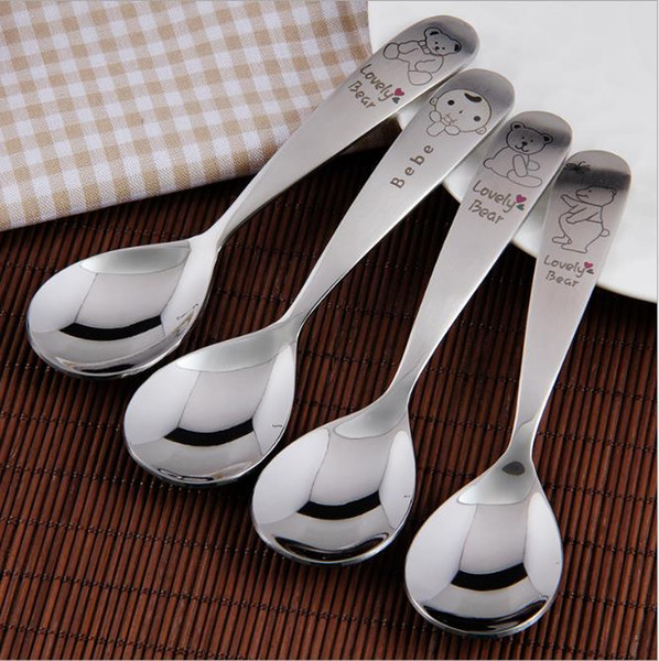 Wholesale -304 stainless steel children's tableware creative models Korean cartoon baby spoon baby food supplement milk powder spoon