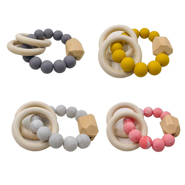 New Natural Wooden Ring Teethers for Baby Health Care Accessories Infant Fingers Exercise Toys Colorful Silicon Beaded Soother A10044