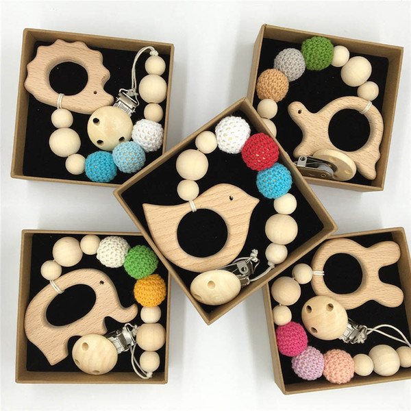 INS Wood dummy clip Beech Animal cartoon Pendant pacifier holder Newborn baby Dummy clips Wooden teether Pacifier Clip Teething Toy A8120