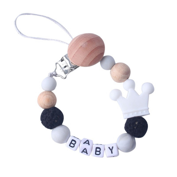 New Care Cartoon Crown Natural Wood Silicone Universal Holder Belt Pacifier Nipple Clip Chain Baby Child Pacifier Bead Chain