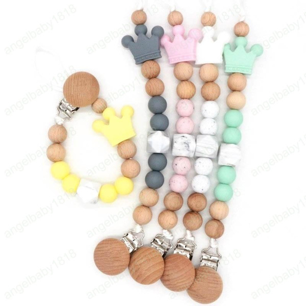 DIY crown Baby Clip Chain Holder Wood Beaded Pacifier Soother Holder Clip Nipple Teether Dummy Strap Chain Infant Feeding