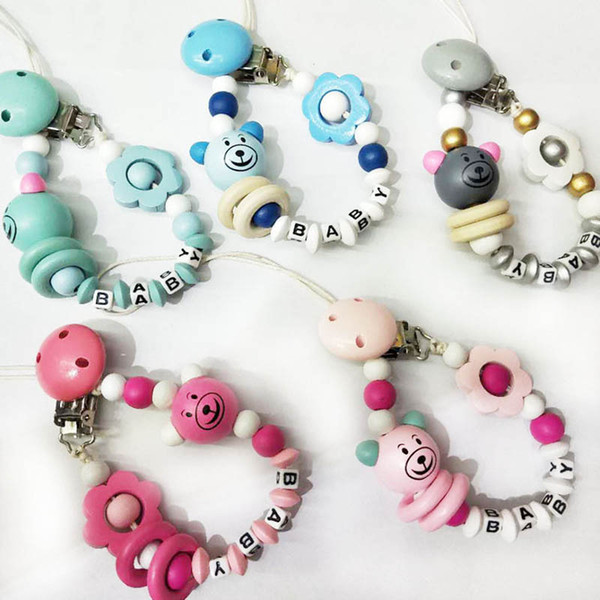 Cartoon Baby Clip Chain Holder Wood Beaded Pacifier Soother Holder Clip Nipple Teether Dummy Strap Chain A5884