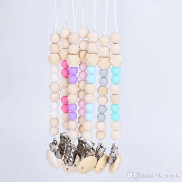 2018 Pacifier Chain Teether Silicone+Wood Baby Pacifier Clips Holder for Baby ABS beads chew toy Dummy Clip Toys Gift