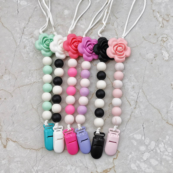 INS Flower silica gel Bead Pacifier Chain Clips Baby Clip Chain Holder Wood Beaded Pacifier Soother Holder Clip Pacifier chain clips A8121