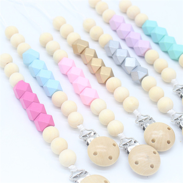 Baby Clip Chain Holder Wood Beaded Pacifier Soother Holder Clip Nipple Teether Dummy Strap Chain AFJ886