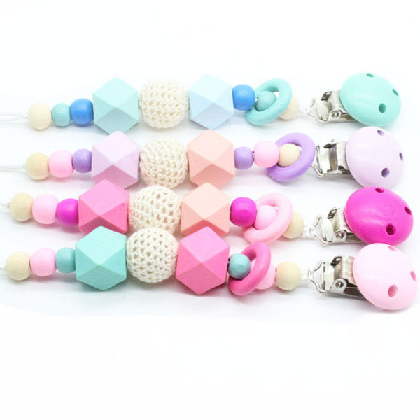 4 Colors Baby Clip Chain Holder Wood Beaded Pacifier Soother Holder Clip Nipple Teether Dummy Strap Chain ZZA1894