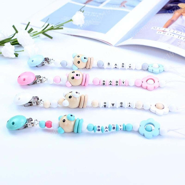 Pacifier Clip Chain Baby Infant Soothie Care Accessories Bear Wooden Beads Prevent drop down Paci Holder Clips Teether Toy