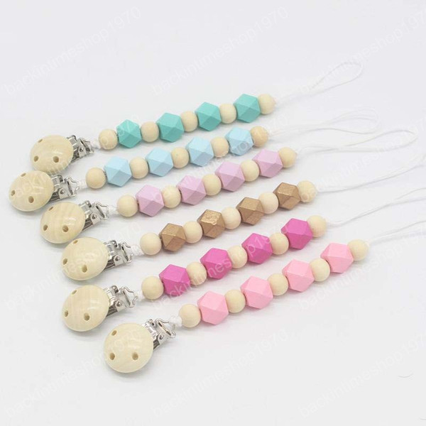 Wood Teething Toy Pacifier Clips Colorful Hexagon Round Wooden Beads Pacifier Chain Holder Baby Dummy Holders Wholesale Baby Gifts