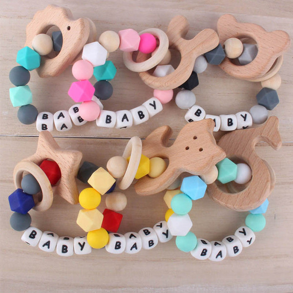 2020 new Diy Natural Wooden Ring Teethers for Baby Health Care Accessories Infant Fingers Exercise Toys Colorful Silicon Beaded Soother B6