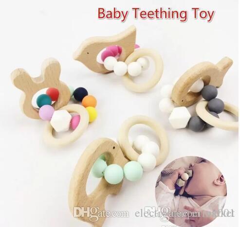 A Baby Teething Bracelet Toy Small Animal Shaped Jewelry Teether For Baby Organic Beech Wood Silicone Beads Baby Rattle Stroller Accessories