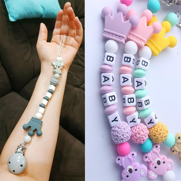 Baby Silicone Pacifier Anti-drop Chain Silicone Wood Beads Animal Cute Pacifier Clips Chains Baby Cartoon Toy