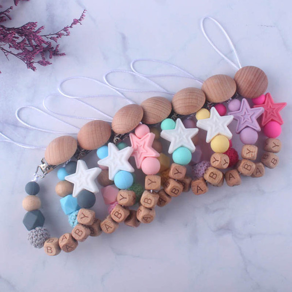 2020 new Baby Clip Chain Holder Wood Beaded Pacifier Soother Holder Clip Nipple Teether Dummy Strap Chain Infant Feeding B324