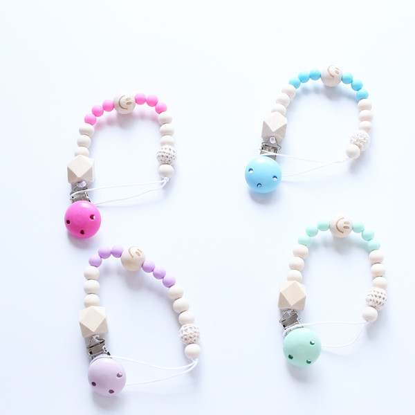 Pacifier Clip Chain Baby Infant Soothie Accessories Happy Face Wooden Beads Paci Holder Clips Teether Chew Shower Toy 617-3A