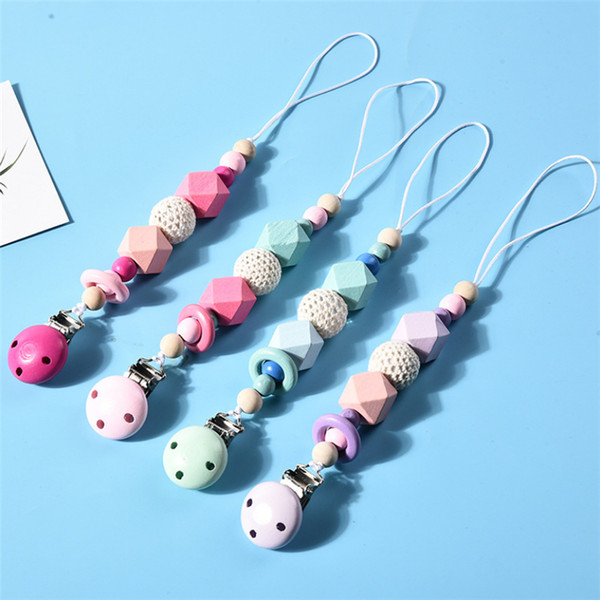 4 Colors baby Clip Chain Holder Wood Beaded pacifier Soother Holder Clip Nipple Teether Dummy Strap Chain JJ188