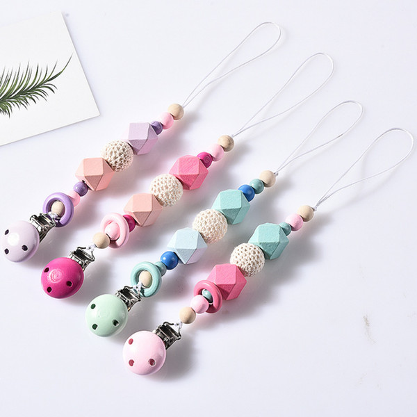 4 Colors Baby Clip Chain Holder Wood Beaded Pacifier Soother Holder Clip Nipple Teether Dummy Strap Chain ZZA1894