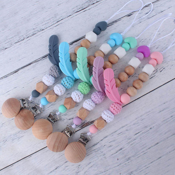 Feather Silicone Pacifier Clips Teething Beads BPA Free Silicone Dummy Clip Pacifier Holder Baby Teether Pendant Soothie Clips B168