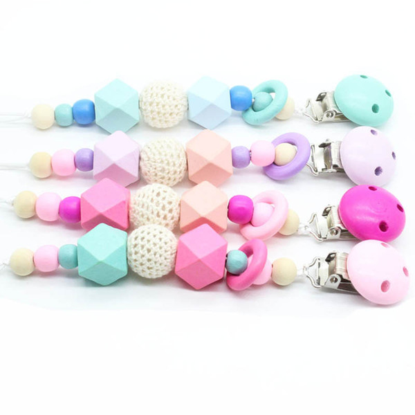 Hot sale Baby Clip Chain Holder Wood Beaded Pacifier Soother Holder Clip Nipple Teether Dummy Strap Chain