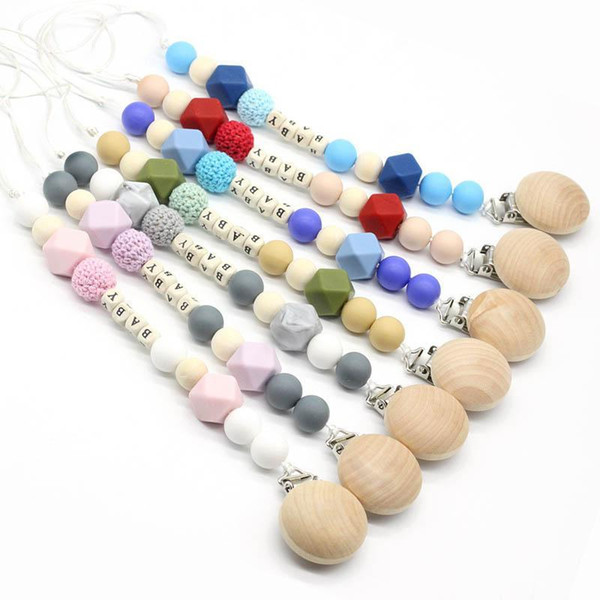 Hot sale DIY Baby Pacifier Clip Metal Dummy Clip Wood Silicone Beads Pacifier Chain Nipple Soother Holder Baby Feeding Clips