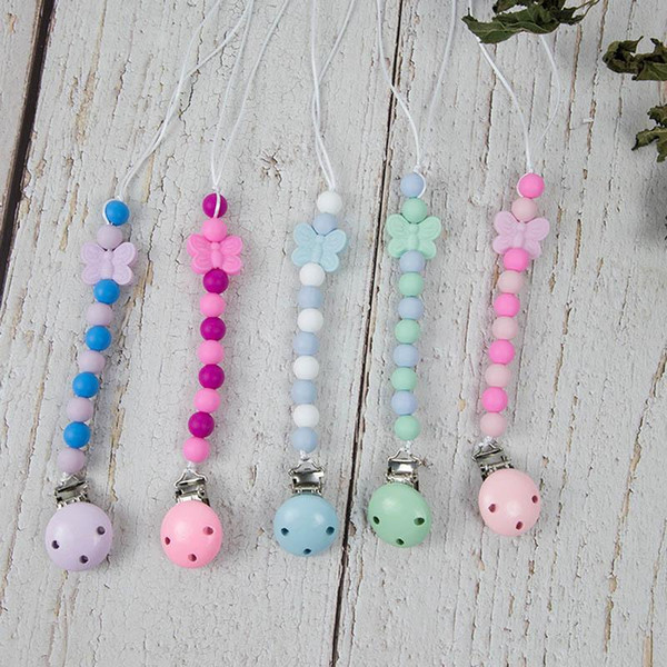 DIY butterfly Baby Clip Chain Silicone Beaded Pacifier Soother Holder Clip Nipple Teether Dummy Strap Chain Kids Gifts Toys