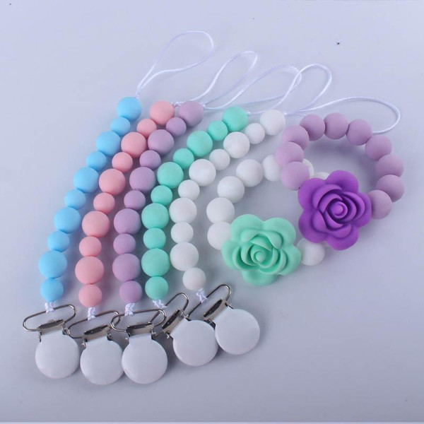 Flower baby Teethers+Silicone Baby Clip Chain 2pcs Baby Clip Chain Holder Nipple Teether Dummy Strap Chain Pacifier Soother Holder Clip