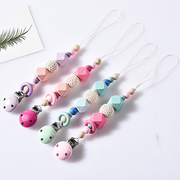 Hot sale Baby Clip Chain Holder Wood Beaded Pacifier Soother Holder Clip Nipple Teether Dummy Strap Chain