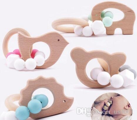 Beauty Baby Teething Bracelet Toy Animal Shaped Jewelry Teether For Baby Organic Beech Wood Silicone Beads Baby Rattle Stroller Accessories