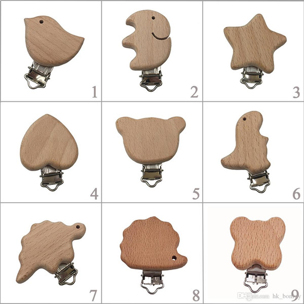 Hot New 16 Styles Baby Pacifier Clip Of Cartoon Animals Beech Wood Dummy Clips DIY Pacifier Chain 9 Styles High Quality