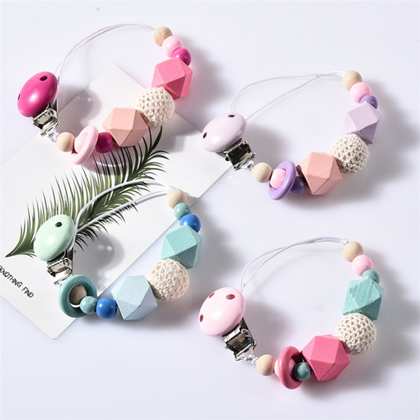 4 Colors baby Clip Chain Holder Wood Beaded pacifier Soother Holder Clip Nipple Teether Dummy Strap Chain Wholesale JJ188