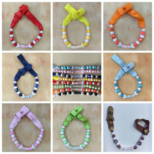 8 Colors Toddler Baby Pacifier Clip Chain Holder Soother Nipple Strap With Words BABY or KISS Nipple Feeding Supplies AAA532