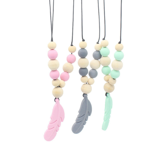 Baby Teething Toy Silicone+Wood Training Baby Teethers Necklace Feather Pendant Necklace Chewing Toy Gifts Beads Pacifier B11