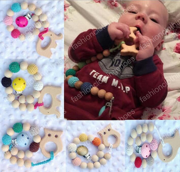 10 Colors Crochet Beads Baby Birth Gift Pacifier Clip Dummy Holder Natural Wooden Crochet Covered Beads with Wooden Elephant Toys