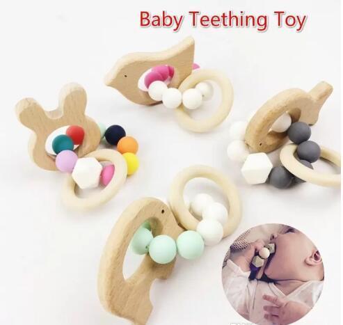 A Baby Teething Bracelet Toy Small Animal Shaped Jewelry Teether For Baby Organic Beech Wood Silicone Beads Baby Rattle Stroller Accessories