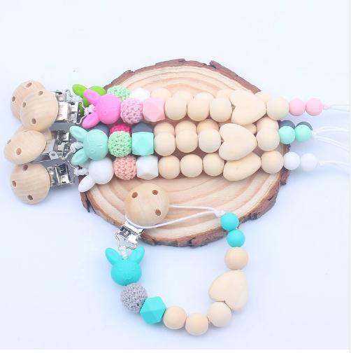 Wooden Nipple Holder Clip Chain Wood Beads Love Heart Baby Girl Boy Teether Soother Pacifier Clips Leash Strap