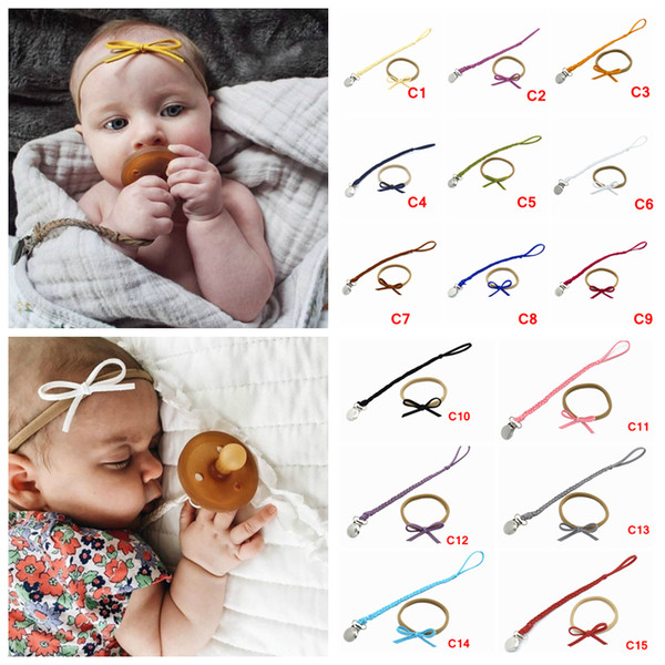 2pcs/set Baby Pacifier Clip Chain Hair band set Toddler Infant Braided Leather Pacifier Holder Bow Headbands Baby Feeding Teethers AAA1214