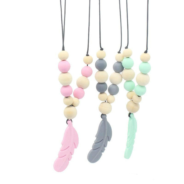 Baby Teething Toy Silicone+Wood Training Baby Teethers Necklace Feather Pendant Necklace Chewing Toy Gifts Beads Pacifier Clips