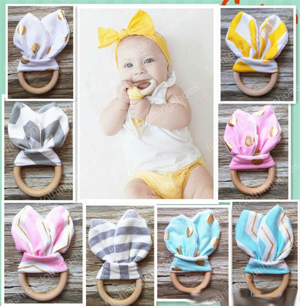 INS Baby Chevron Zigzag Teethers 28Colors Natural Wood Circle With Rabbit Ear Fabric Newborn Teeth Practice Toys Training Ring