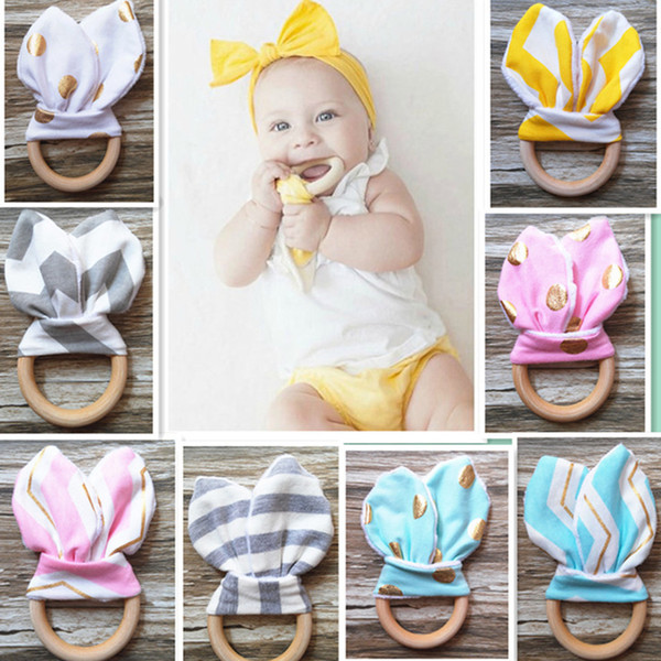 INS Baby Chevron Zigzag Teethers 28 Colors Natural Wood Circle With Rabbit Ear Fabric Newborn Teeth Practice Toys Handmade Ring
