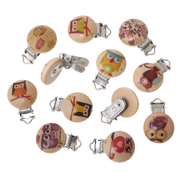 Wood Pacifier Clip Round At Random Animal Pattern 4.3x2.9cm Multi-Color L00079 BARD