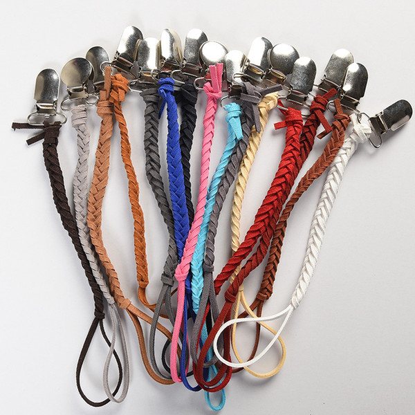 Newborn Anti-out Pacifier clip Braided Leather infant Nipple clip Baby carriage Lanyard Baby Clip Chain 9 colors C5327