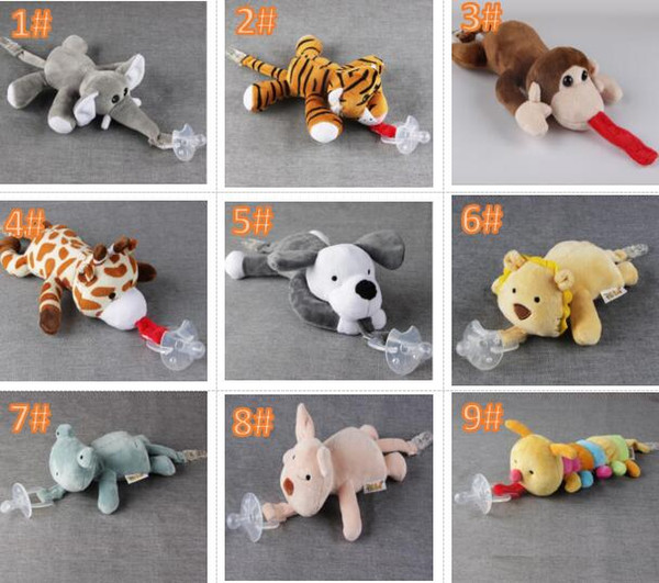 10 Style New silicone animal pacifier with plush toy baby giraffe elephant nipple kids newborn toddler kids Products include pacifiers