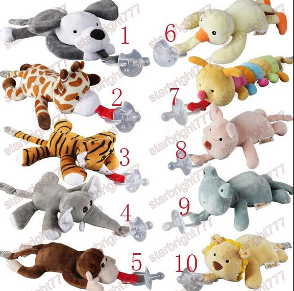 10 Style New silicone animal pacifier with plush toy baby giraffe elephant nipple kids newborn toddler kids Products include pacifiers