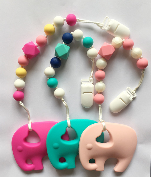 bpa Silicone baby Teething pendant clips silicone Teething Pacifier Clip with large elephant pendant heart chew beadswholesale