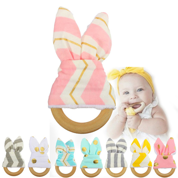 Baby Wooden Teether Ring Baby bunny Wooden Teething training with Crinkle Material Inside/Sensory Toy Natural Teether Bell