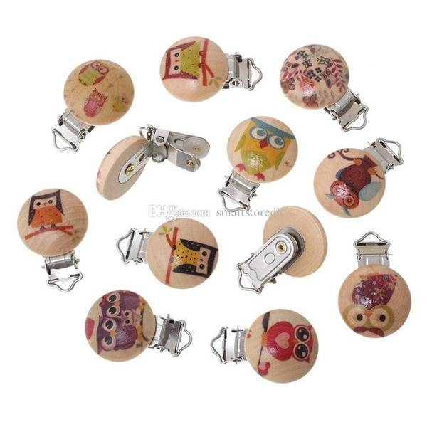 Wood Pacifier Clip Round At Random Animal Pattern 4.3x2.9cm Multi-Color L00079 FASH