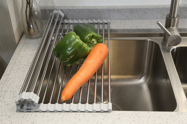 Multipurpose Roll-Up Dish Drying Rack Made By Food Safe Grade Silicone-coated Stainless Steel black and silver color