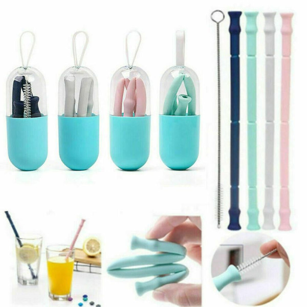 Silicone Foldable Drinking Straw Set With Mini Box Brush Reusable Straws For Outdoor Travel Kitchen Bar Portable Drinkware RRA2006