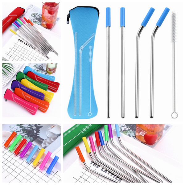 Reusable Stainless Steel Straw Set Bent Straws with Brush Outdoor Metal Straws Set with Silicone Cover Kitchen Bar Drinking Straw ZZA1643-5